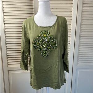 Green Embellished Women's 3/4 sleeve knit top